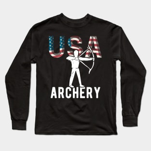 USA Archery Lover American Flag Sport Support Athlete Tokyo Archery Bow Arrow Archer USA Long Sleeve T-Shirt